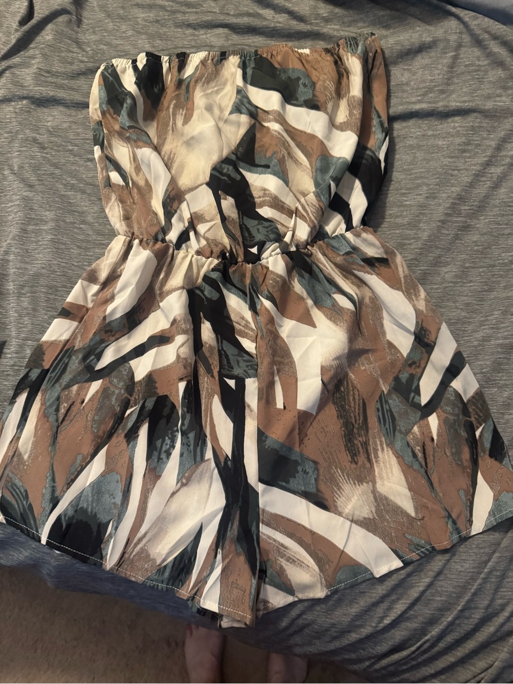 SHEIN Strapless Romper in Green, Brown and Cream Watercolor Print